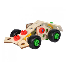 Eichhorn 3in1 Race Car features a wooden design with a red bumper, yellow side, and black wheels with green accents.