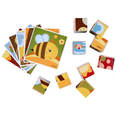 Eichhorn puzzle cards feature vibrant designs of bees, flowers, and abstract patterns scattered on a white background.