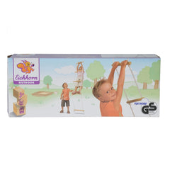 Eichhorn Outdoor Rope Ladder in colorful packaging, featuring joyful child playing outdoors with educational wooden blocks.