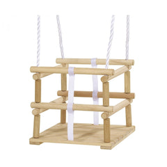 Eichhorn Outdoor Wooden Baby Swing featuring a simple design with a sturdy frame and adjustable white ropes for support.
