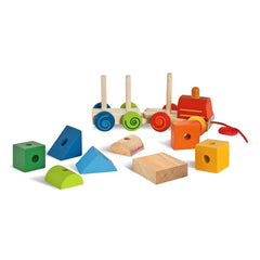 Eichhorn Wooden Train features 11 colorful pieces, including blocks with various shapes for imaginative play and learning.