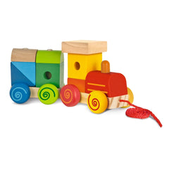Eichhorn wooden train set with 11 pieces, colorful locomotive, passenger cars, and a yellow birdhouse on a white background.
