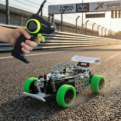 Eitech remote-controlled speed race car features a shiny black metallic body with white stripes and green rubber wheels.