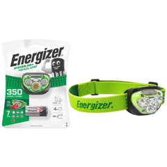 Energizer 350 Lumens headlamp in green and black packaging with glossy finish, featuring "ENERGIZER Vision HD+" text.