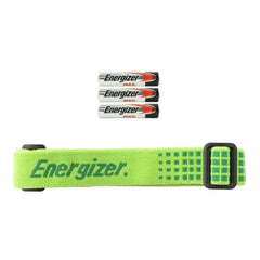 Energizer 3Aaa 350 Light Head Torch with green strap, matte cardboard packaging, and three batteries inside.