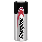 Energizer A23 battery with metallic finish, featuring black, red, and white design, cylindrical shape, and brand name visible