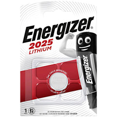 Energizer CR2025 3V lithium button cell battery in red holder, with glossy packaging featuring black text and clear window.