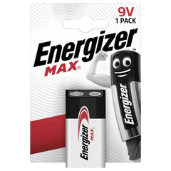 Energizer Max 9V battery pack in retail packaging with red stripe, featuring logo and smiling face on a white background.