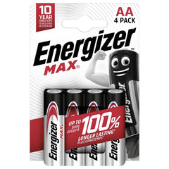 Energizer Max AA battery packaging features a glossy red and white design with text highlighting longevity and shelf life.