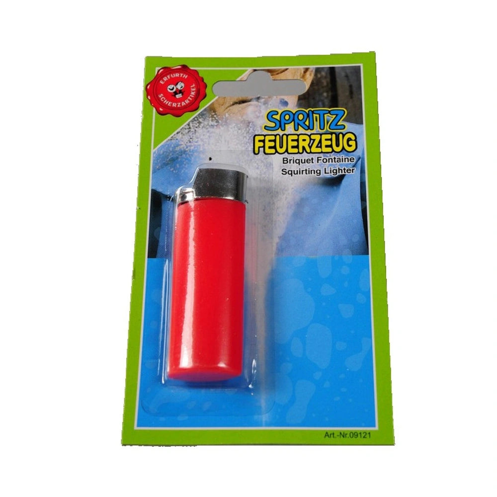 Red fake lighter in retail packaging with blue background, green border, and text "SPRITZ FEUERZEUG" and "BRÜT FONTÄINE SQUIR
