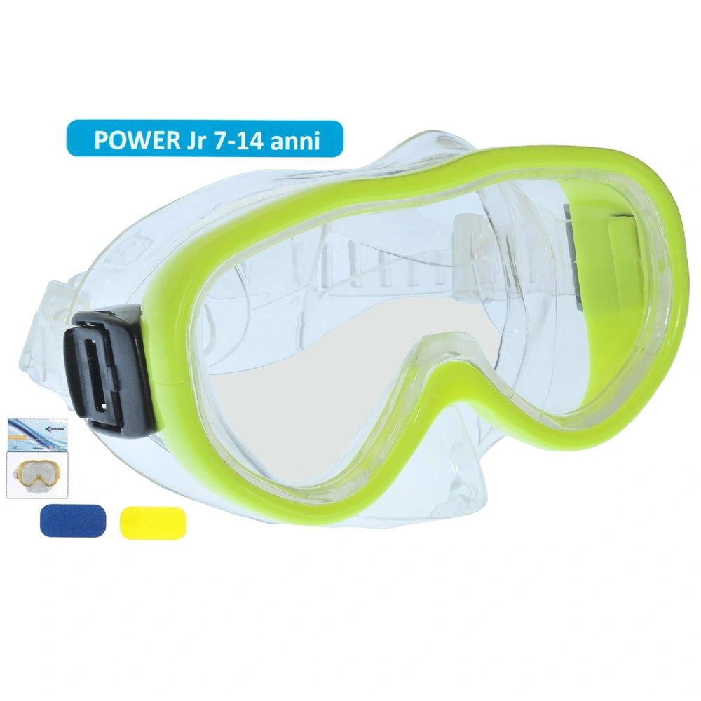 Power Junior Allergy Free PVC diving mask in green with transparent lens and colorful interior for ages 7-14.