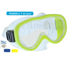 Power Junior Allergy Free PVC diving mask in green with transparent lens and colorful interior for ages 7-14.