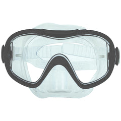 Escubia Senior Jump PVC diving mask features a black frame, gray strap, and clear lens, designed for ages 14 and up.