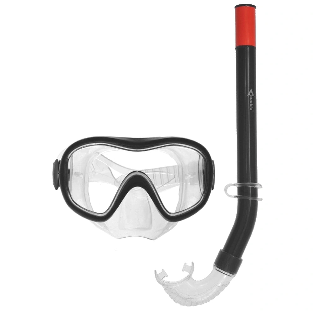 Escubia Junior allergy-free PVC diving mask set with black snorkel tube and straps, featuring clear goggles and mouthpiece.