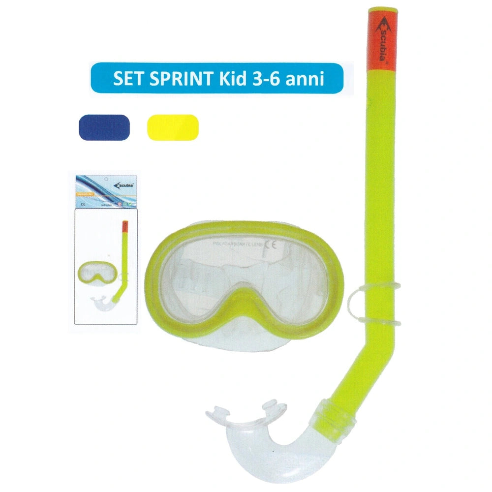 Escubia Sprint Kid allergy-free PVC diving mask for ages 3-6, featuring green goggles with colorful stripes and a flexible st