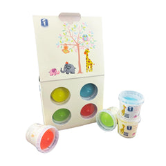 Feuchtmann My Favorite Clay pack features colorful plastic containers with lids in a cardboard box, showcasing vibrant clay c