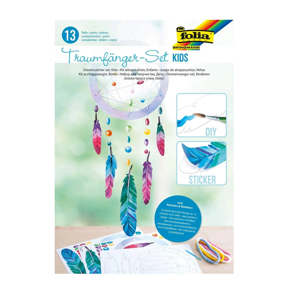 Folia Dreamcatcher Set for kids in glossy white packaging featuring blue and black printed text and DIY craft instructions.
