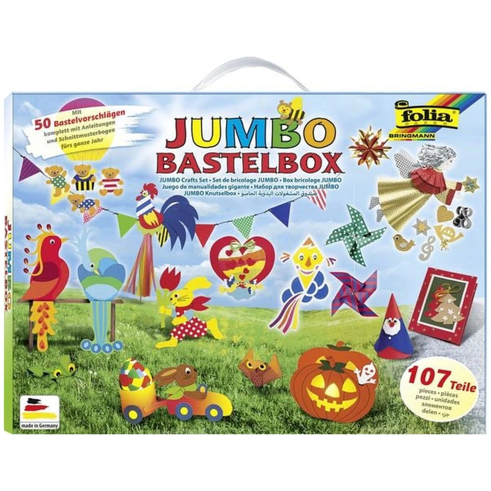 Folia Jumbo Bastelbox Paper Craft Case features colorful illustrations of animals, vehicles, and objects on matte cardboard p