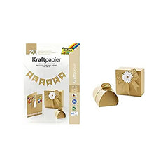 Folia Kraftpapier A4 sheets in natural color, packaged in a gold-foiled box with white ribbon, bow, and confetti.