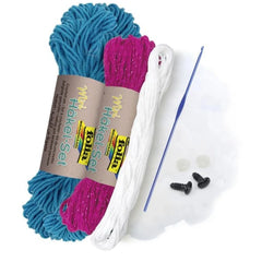 Folia Mini Crochet Kit featuring blue and pink yarn spools with branding labels, encased in matte cardboard packaging.