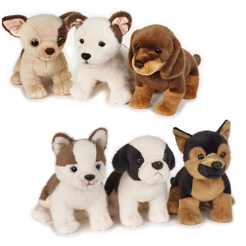 Fyrry Dog Puppy plush toys in assorted colors and designs, featuring distinct expressions and soft, textured fur.