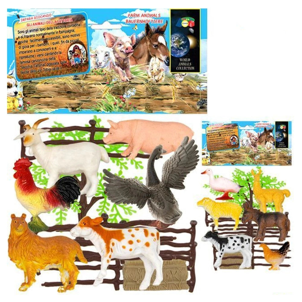 Ginmar Farm Animals Playset features various colorful animals against a blue sky and green grass, packaged in cardboard and p