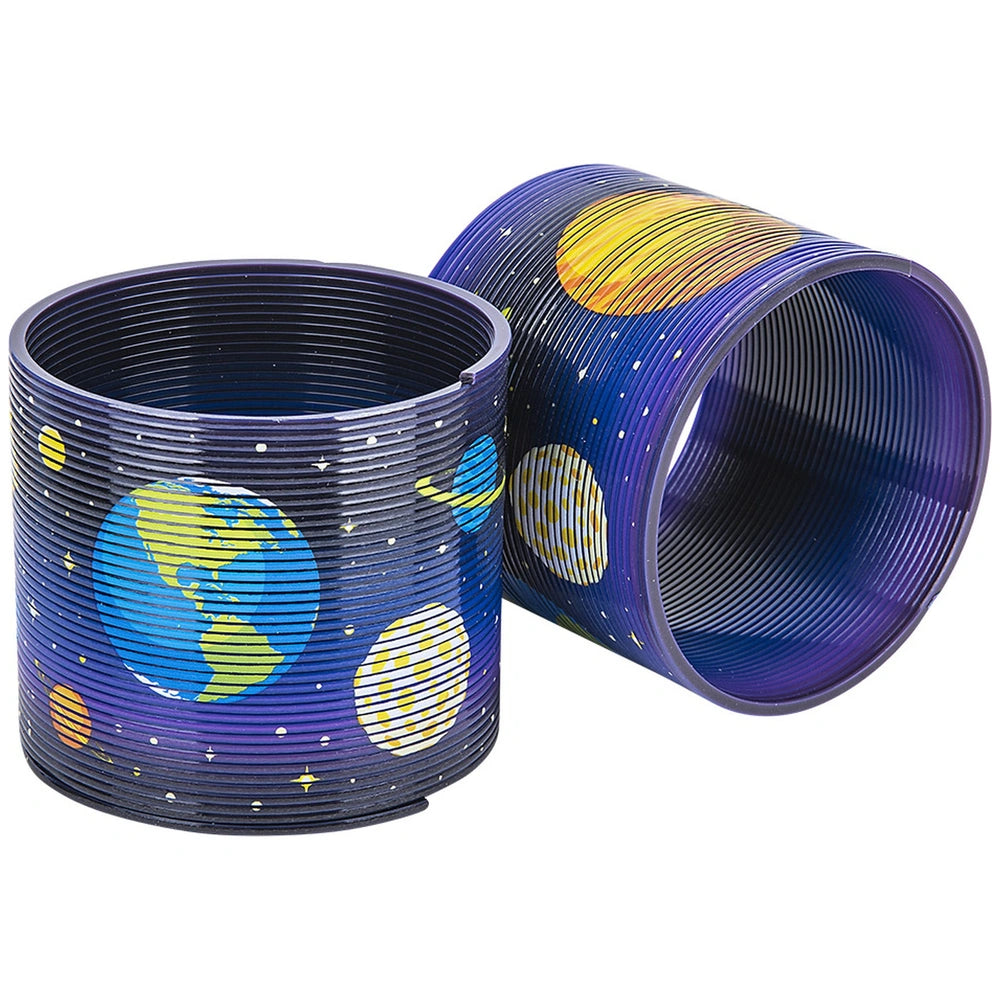 Galaxy-themed magic spring toy with a cylindrical shape, spiral design, planet illustrations, and a textured gradient of blue