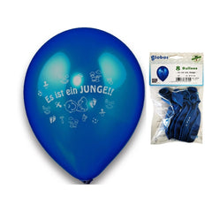 Blue balloons pack with "It's A Boy" text, clear plastic bag, and blue ribbon for celebrations.