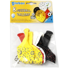 Globo football balloons pack of 10 with yellow, red, white, black, and gray colors, displayed in transparent plastic packagin