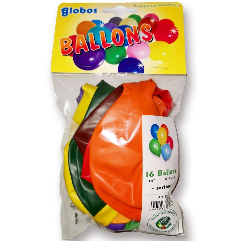 Maxi Balloons 45 cm assorted colors in glossy packaging with "Globos" and "16 Balloons" text, showcasing shiny metallic mater