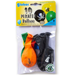 Globo pirate balloons pack contains 10 assorted designs: 2 black, 2 green, and 1 orange balloon in plastic packaging.
