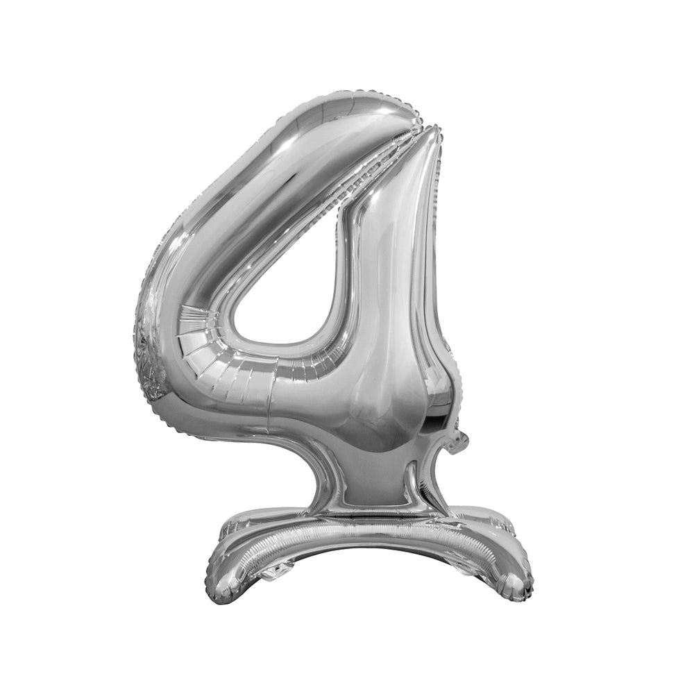 Silver foil balloon digit 4 with a shiny metallic finish, perfect for party supplies and celebrations.
