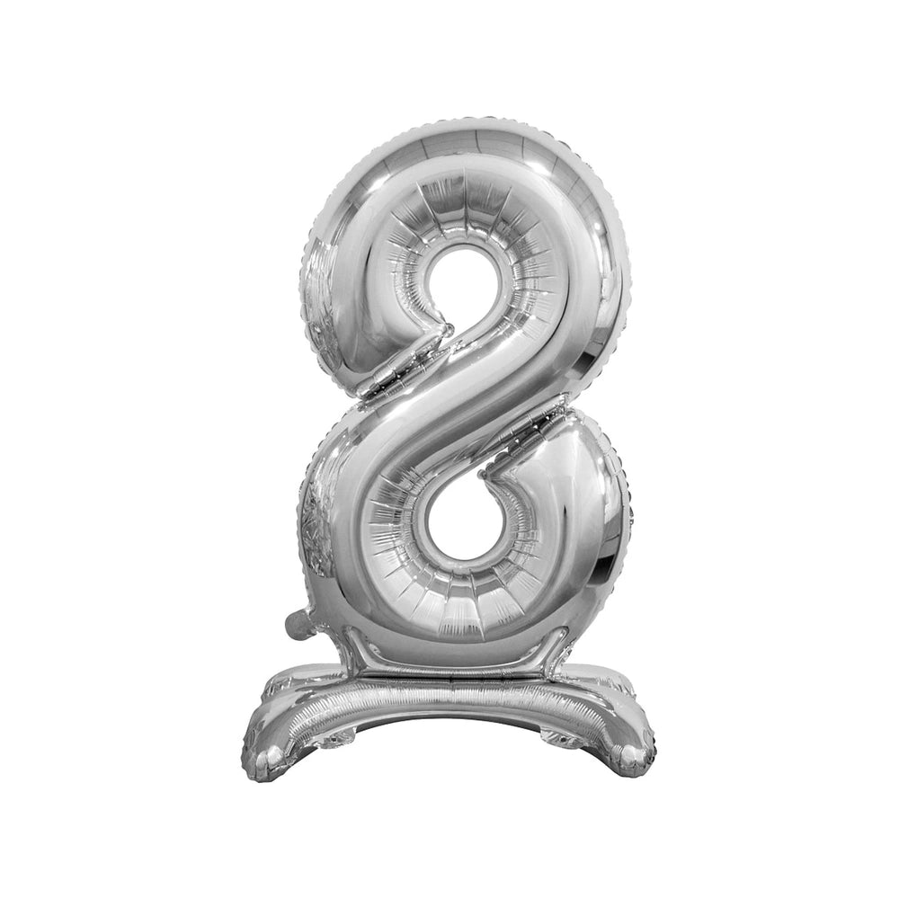 Silver foil digit 8 balloon, 40 cm, perfect for party decorations, featuring a shiny surface and central placement.