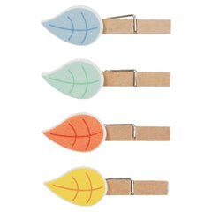 GOKI measuring stick features three wooden clips adorned with blue, green, and orange leaf-shaped plastic decorations.