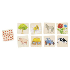 GOKI Memo In the Countryside card game features colorful square cards with animal and plant illustrations on a white backgrou