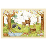 GOKI Puzzle In the Clearing features a colorful forest scene with animals and trees printed on matte cardboard packaging.