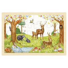 GOKI Puzzle In the Clearing features a colorful forest scene with animals and trees printed on matte cardboard packaging.