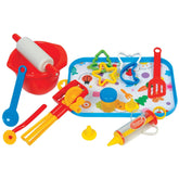 Gowi baking set Salzburg includes 17 colorful plastic pieces like bowls, spoons, and crayons for pretend play.