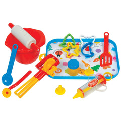 Gowi baking set Salzburg includes 17 colorful plastic pieces like bowls, spoons, and crayons for pretend play.