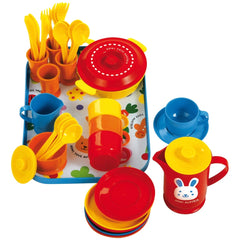 Gowi Coffee Service Lyon set featuring colorful plastic cups, bowls, lids, and utensils arranged on a patterned tray.