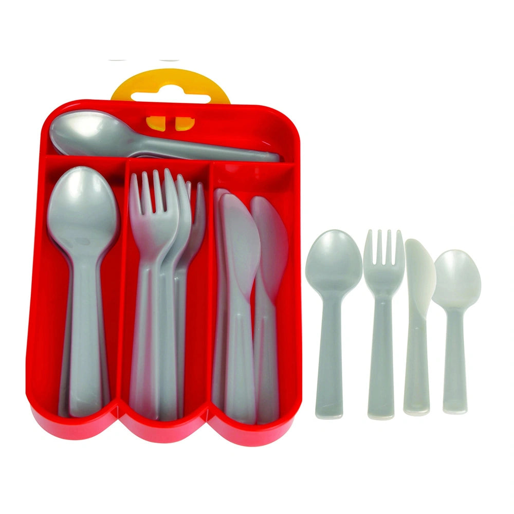 Gowi baby-sized cutlery basket featuring a red plastic container with 6 silver metal utensils for pretend play.