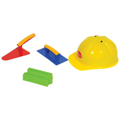 Gowi design bricklaying set featuring four plastic pieces in yellow and red, arranged centrally without any text.