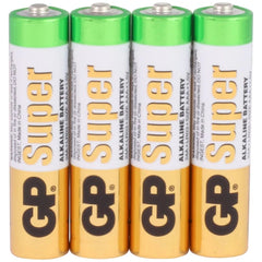 Four GP Super alkaline AAA batteries with green tops and gold bottoms, aligned upright.