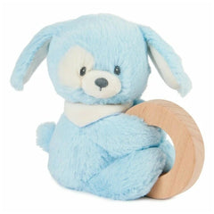 Blue plush bear holding a wooden ring, featuring a cuddly design with a lighter face and darker body, set against a white bac