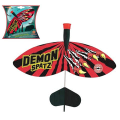 Demon Spatz catapult glider featuring red and black glossy fabric and a green matte plastic frame, ideal for outdoor play.