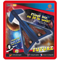 Gunther Flugspiele Future Catapult Glider packaging features a glossy red background with a blue airplane and vibrant printed