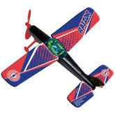 Gunther Flugspiele Raizor flying propeller features a black body with red and blue patterned wings and various colored circul