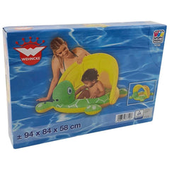 Happy People baby pool turtle with sunroof, featuring a blonde woman and child on a float, against a blue water background.