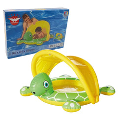 Happy People baby pool turtle toy in green and yellow, packaged in glossy blue plastic with a clear window and size indicator