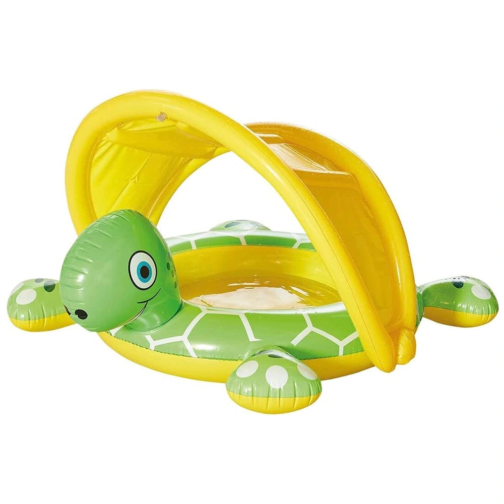 Happy People baby pool turtle in green and yellow plastic, featuring a patterned shell, eyes, mouth, and four feet.